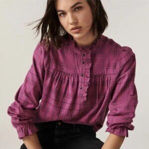 BA&SH The Lady Shirt Ruffle Blouse in Violet Checkered Plaid